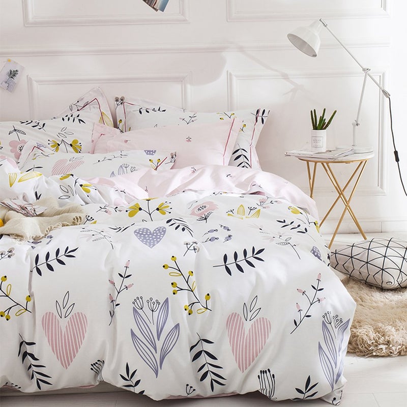 BuLuTu Floral Love Print Girls Duvet Cover Twin White/Pink Cotton Premium Blossom Kawaii Reversible Kids Bedroom Comforter Cover Bedding Sets for Toddler,Teen,Breathable,Lightweight,Zipper Closure - Image 2